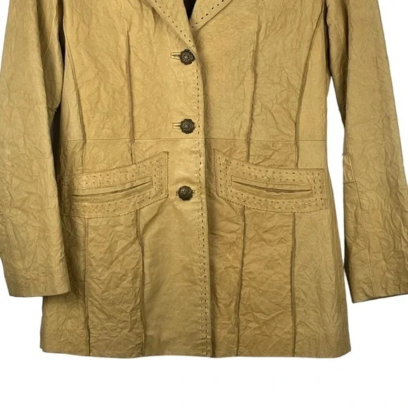 WILSONS LEATHER TAN DISTRESSED CRINKLE BUTTON DOWN NOTCH COLLAR BLAZER JACKET - Picture 7 of 15